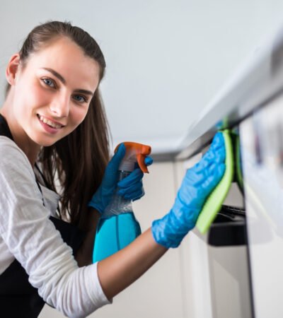 Beautiful woman in protective gloves cleaning oven with rag